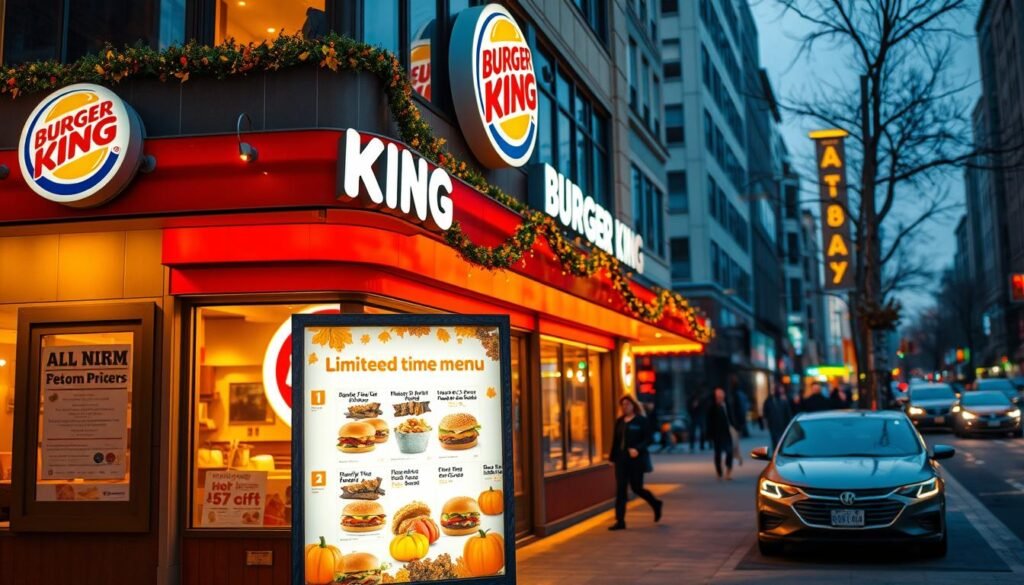 Vibrant and festive Burger King storefront, featuring a seasonal promotion display in the foreground. Warm lighting illuminates the restaurant's exterior, with an autumnal color palette of oranges, reds, and yellows. In the middle ground, a display showcases limited-time menu items, adorned with decorative fall elements like leaves and pumpkins. The background showcases the bustling city street, with pedestrians and passing vehicles adding to the lively atmosphere. The overall scene conveys a sense of excitement and anticipation for Burger King's seasonal offerings.