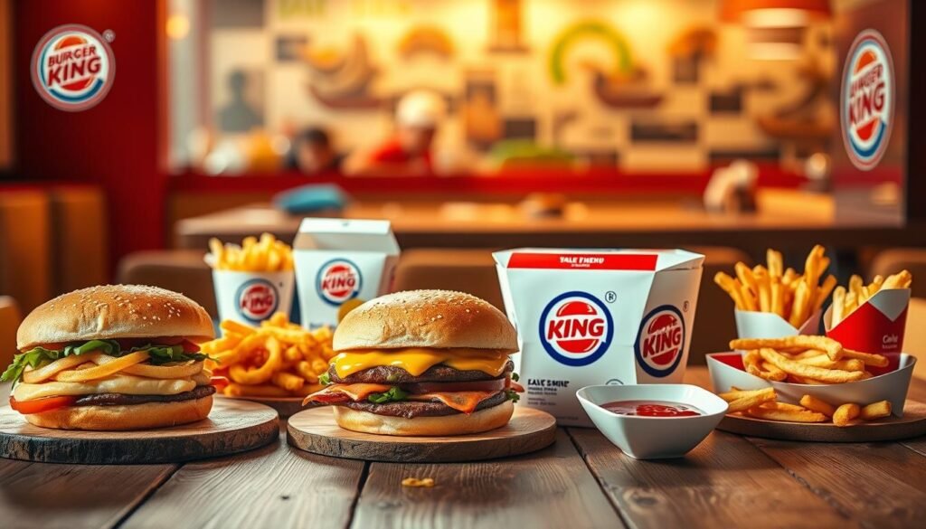 Vibrant, appetizing display of Burger King's affordable dinner options, captured in a warm, inviting atmosphere. In the foreground, a selection of classic Whopper burgers, onion rings, and crispy fries are artfully arranged on a rustic wooden table, illuminated by soft, diffused lighting. In the middle ground, a variety of combo meals, including the popular Value Menu items, are presented in stylish, modern packaging. The background features a blurred, out-of-focus view of a cozy Burger King dining area, with hints of the brand's iconic red and yellow color scheme creating a sense of familiarity and comfort. The overall composition evokes a sense of accessibility, value, and the satisfying flavors of a Burger King dinner.